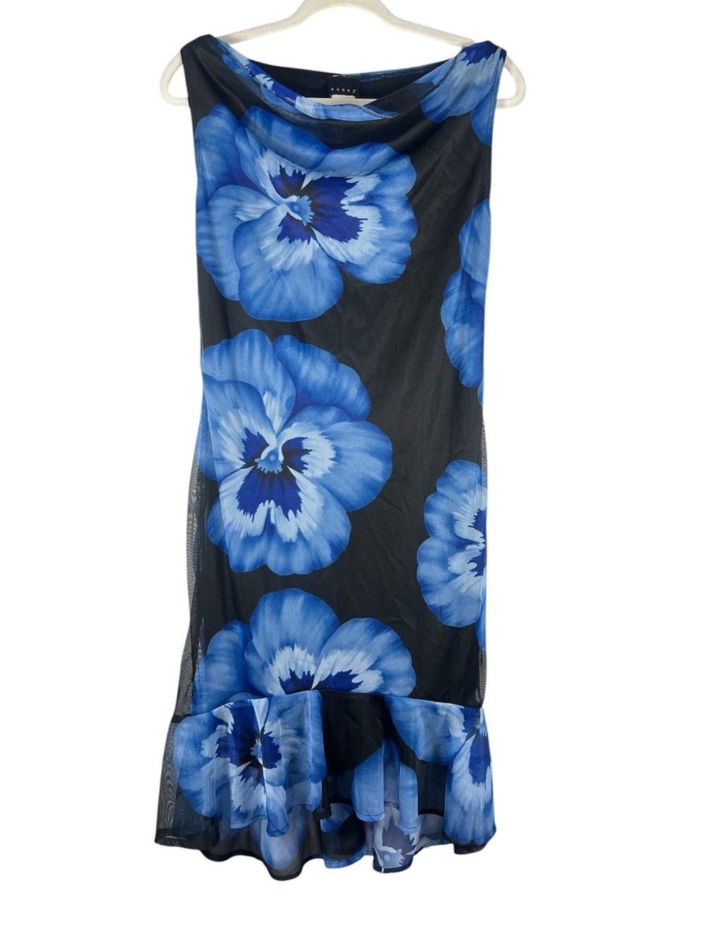 Sassy Y2K Mesh Bodycon Black Blue Floral Midi Dress Medium